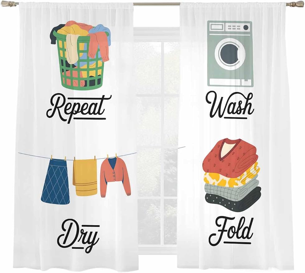 Laundry Room Sheer Curtains 72 Inch Length 2 Panels for Living Room, Wash Repeat Dry Fold Simple Drawn Voile Kitchen Curtain Set, Luxury Privacy Drapes Window Treatment for Bedroom