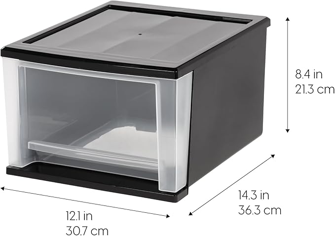 IRIS USA 17 Qt. Medium Plastic Stacking Drawer, Stackable Storage Organizer Unit with Sliding Drawer for Bedroom Kitchen Under Sink Pantry Craft Room Dorm Office, Black, 4-Pack