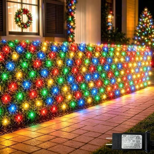 Lovelite 510LED Christmas Net Lights, 28ft x 5ft Net Lights Outdoor 8 Modes, Waterproof Connectable String Lights Green Wire Plug in for Xmas Tree Bushes Garden Holiday Party Decor - Multicolor