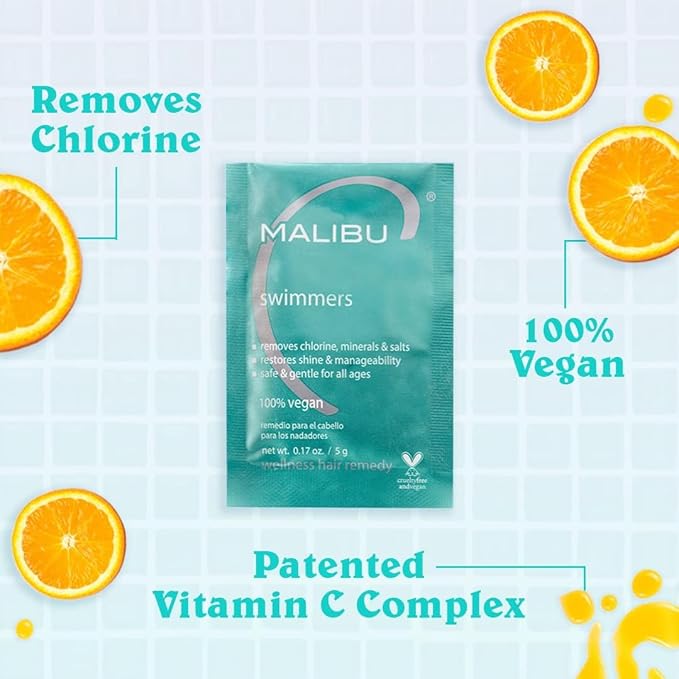 Malibu C Swimmers Wellness Remedy & After Pool Hair Care - Restoring & Hydrating Swim Treatment with Vitamin C Complex - Protects Against Discoloration from Chlorine, Salt Water, Build Up (12 Packets)