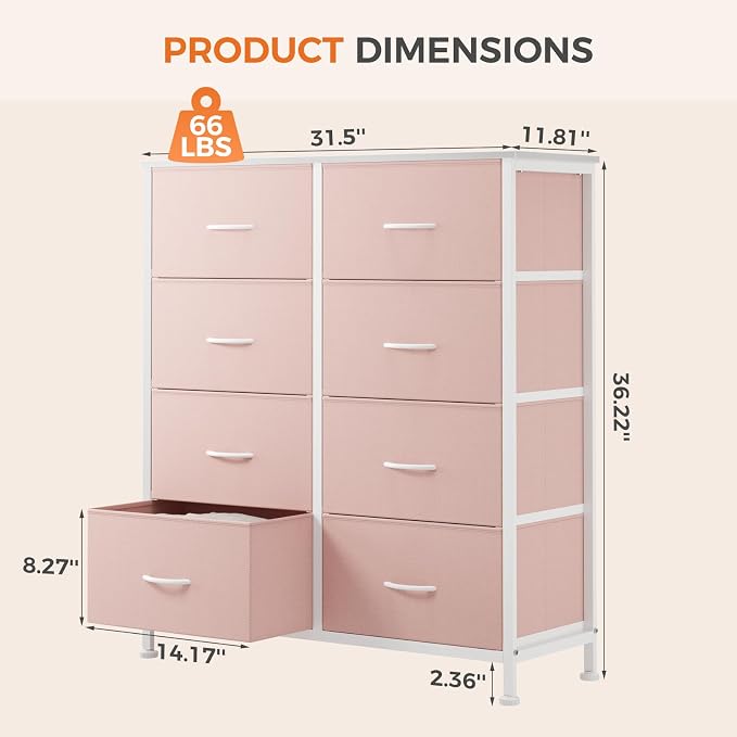 Sweetcrispy 8 Drawer Fabric Dresser for Bedroom, Tall Dresser, Pink | Sturdy Chest of Drawers, Steel Frame and Wooden Top, Closet Living Room Storage Organizer with Easy Pull Handles