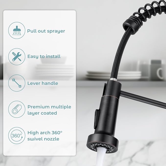 Kitchen Faucet with Pull Down Sprayer Oil Rubbed Bronze | 2-mode sprayer, 360° high arc spout, 304 SS build, drip-free valve, fingerprint-resistant, DIY install, NSF certified
