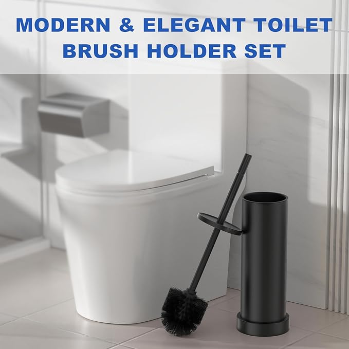 2 PCS Black 304 Stainless Steel Toilet Brush and Holder Set, Long Handle Deep Cleaning Toilet Scrubber with Splash Protection, Weighted Base & Non-Scratch Sponge, Minimalist Bathroom Accessory