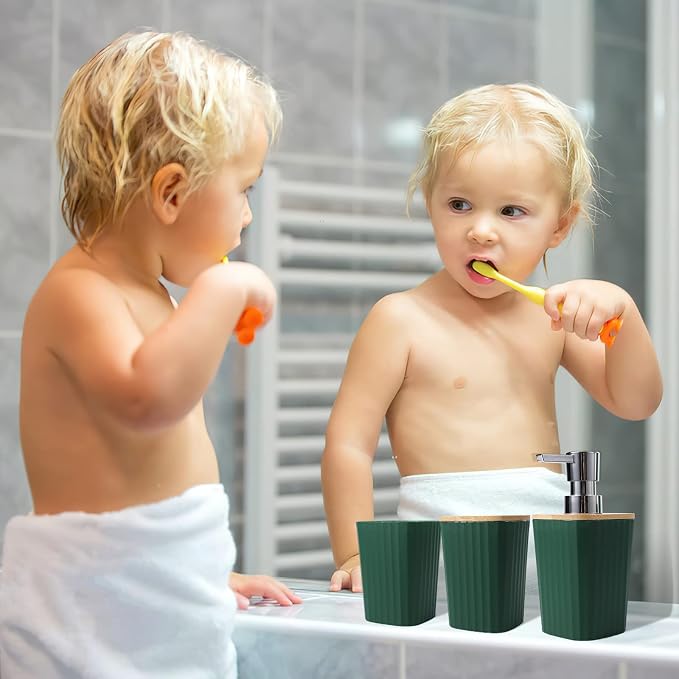 XLHOMO Dark Green Bathroom Accessories Set, 9-Piece Green Bathroom Set with Trash Can, Tray, Soap Dispenser, Toothbrush Holder, Toothbrush Cup, Soap Dish, Toilet Brush and Q-tip Holders