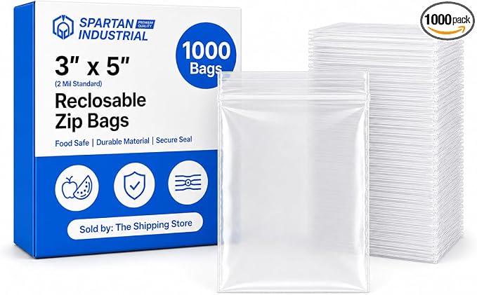 Spartan Industrial - 3” X 5” (1000 Count) 2 Mil Clear Reclosable Zip Plastic Poly Bags with Resealable Lock Seal Zipper