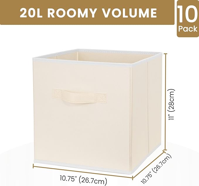 Storage Cubes, 11 Inch Clothes Storage Bins with Dual Handles (10 Pack), Fabric Collapsible Storage Bins for Shelves Closet, Cubby Organizer Bins for Clothing Toys Blanket Magazines (Beige)