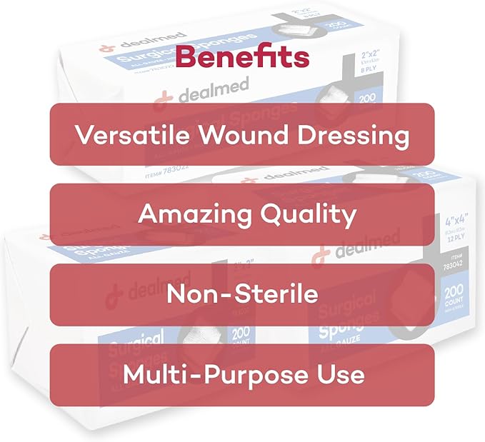 Dealmed 3" x 3" Surgical Sponges, 8-Ply, Non-Woven Absorbent Gauze Sponges for Wound Care, First Aid Kits and Medical Facilities, 200 Count (Pack of 1)