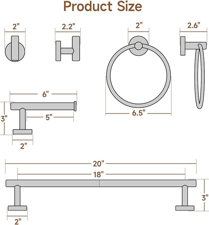 USHOWER Brushed Gold Bathroom Accessories Set, 18-Inch Towel Bar Set Wall Mounted, Durable SUS304 Stainless Steel Bathroom Hardware Set, 8-Piece