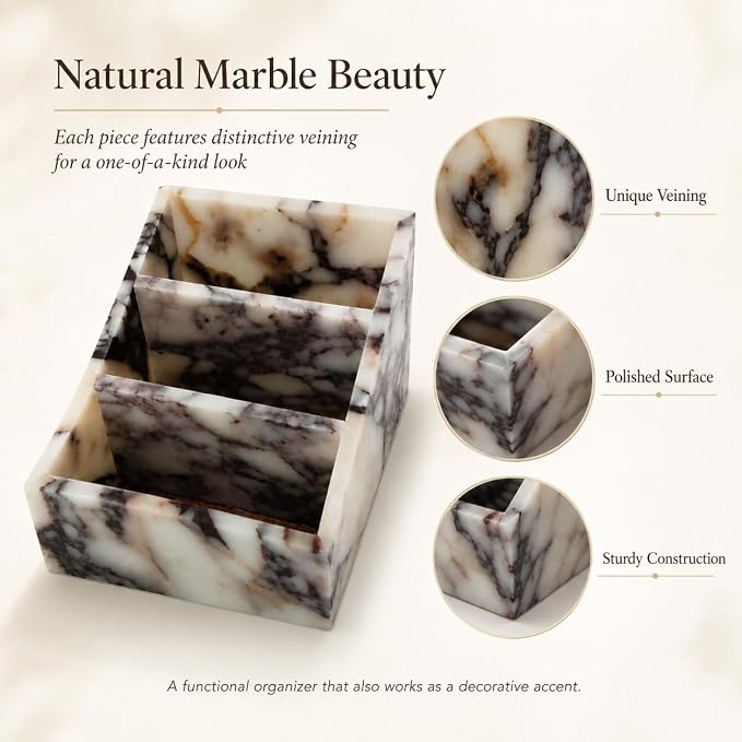Luxury 3-Compartment Natural Marble Desk Organizer - Solid Stone Pen Holder, Makeup Brush Holder & Vanity Countertop Storage Box for Office Supplies, Bathroom Essentials, Home Decor