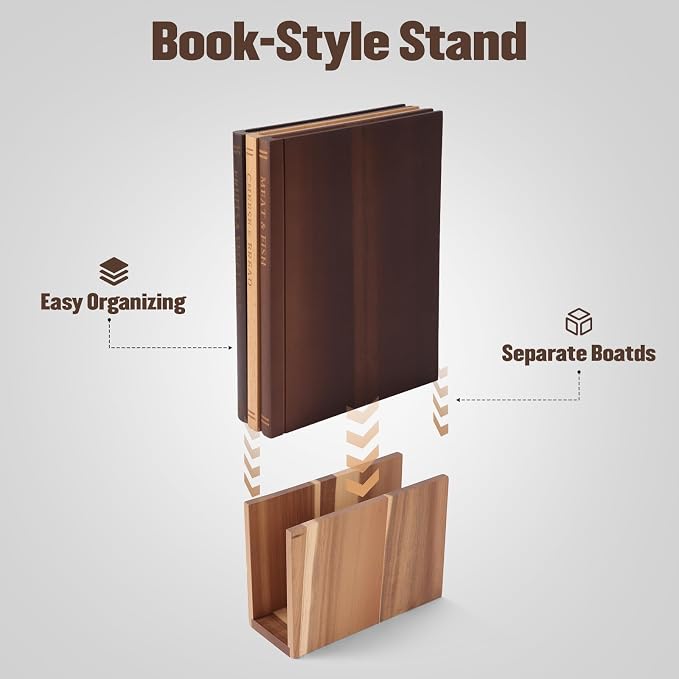 Book Cutting Board Set with Wooden Stand | Wooden Kitchen Book Shaped Cutting Board for Vegetables Cheese Meat, Chopping Board Gift Set for Home Cooks & Kitchen Decor
