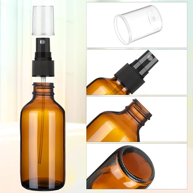 Nuogo 50 Pieces Mini Glass Spray Bottles Bulk 4 Oz Fine Mist Glass Bottles with Funnel Dropper and Cleaning Brush Refillable for Essential Oils, Perfumes and Aromatherapy(Brown)