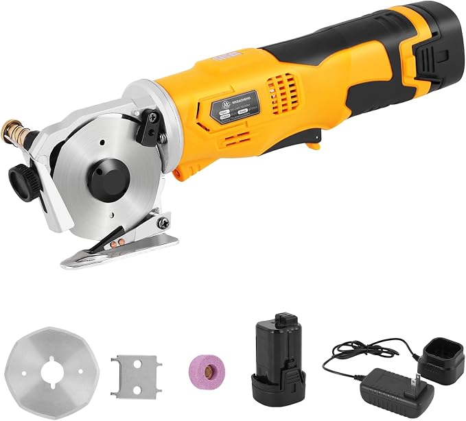 MXBAOHENG Electric Scissors Cordless Cardboard Cutter with Safety Switch & Replacement Blades Portable Rotary Cutter for Cutting Fabric Leather Carpet (1 Battery)