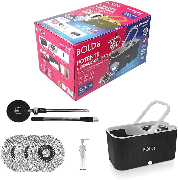 Thunder MOP Spin System - Ultra Clean - Single Bucket Microfiber Head, Stainless Steel Wringer, Antifungal Quick-Dry Cleaning, Soap Dispenser, 3 Free Refills (Black/White)