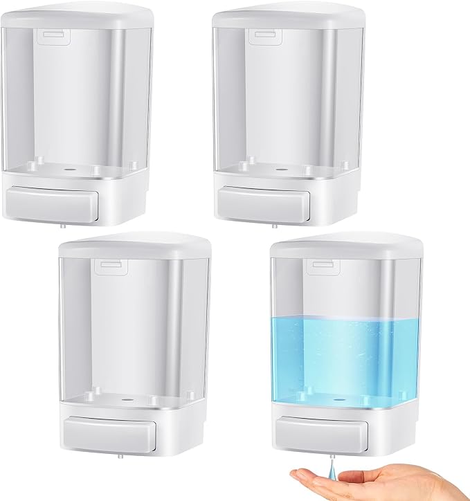 Hushee 4 Pcs Plastic Wall Mounted Soap Dispenser Commercial Manual Soap Containers Wall Dispenser for Kitchen Shower Hotel Liquid Shampoo Gel Chamber(33.8 oz 1000 ml,White)