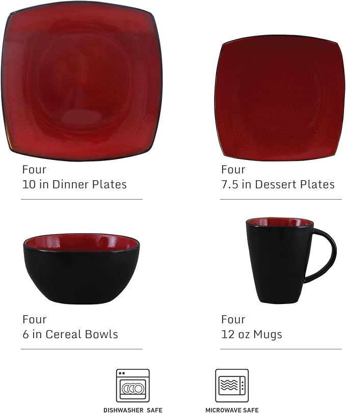 Gibson Elite Soho Lounge Square 16-Piece Dinnerware Set, Service for 4, Reactive Glaze Stoneware Plates and Bowls, Modern Dishes, Microwave & Dishwasher Safe – Red and Black