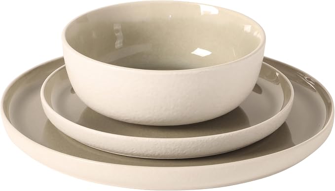 Gibson Elite Tahoe Sunset 12-Piece Reactive Stoneware Dinnerware Set – Matte Exterior & Shiny Interior Plates and Bowls, Durable Everyday Dish Set, Microwave & Dishwasher Safe - Grey
