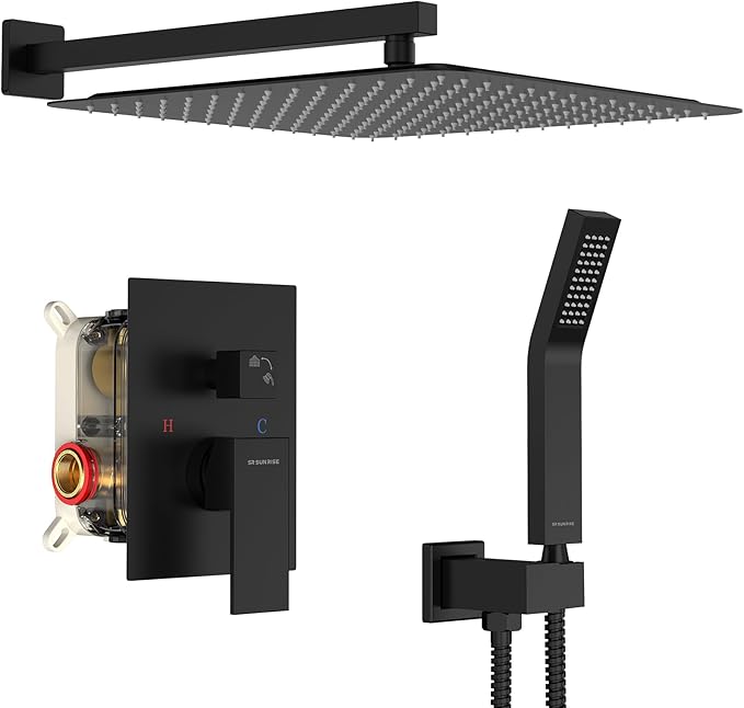 SR SUN RISE Matte Black Square Rainfall Shower Head and Handle Set, Wall Mounted Shower Fixtures, Metal Shower Faucet Trim Repair Kits (With Shower Valve) 16 Inches