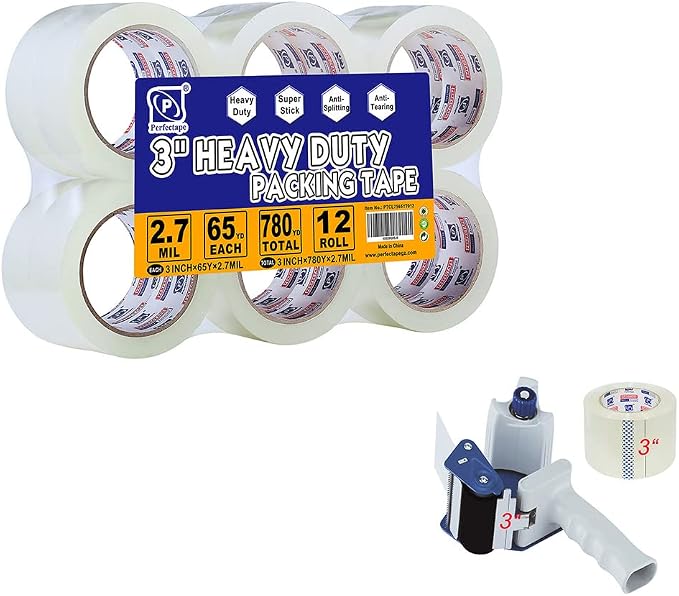 PERFECTAPE 3" Heavy Duty Packing Tape 13 Rolls with Tape Gun, Total 780Y, Clear, 2.7 mil, 3 inch x 65 Yards, Ultra Strong, Refill for Packaging and Shipping