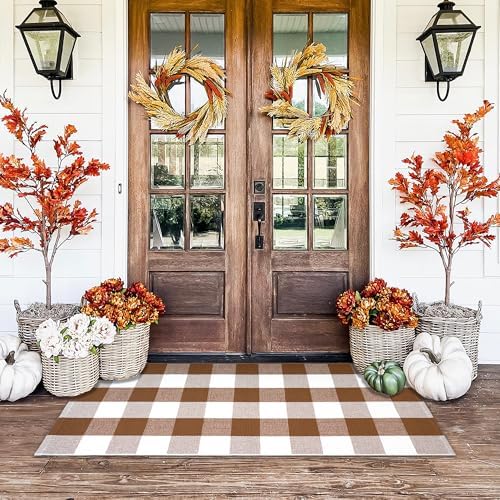 Homydecor Buffalo Plaid Outdoor Rugs, 24'' x 51'' Coffe and White Checkered Area Rug, Layering Rug for Hello/Welcome Door Mat, Washable Cotton Woven Farmhouse Mat for Front Porch Décor