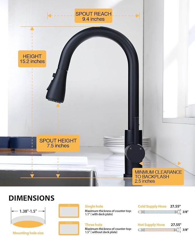 Hiqufet Kitchen Faucet, Pull Down Sprayer, Matte Black | Easy Install, 360 Swivel, 3 Spray Modes, SUS304 Stainless Steel, Leak-Proof, Fingerprint Resistant, Single Handle