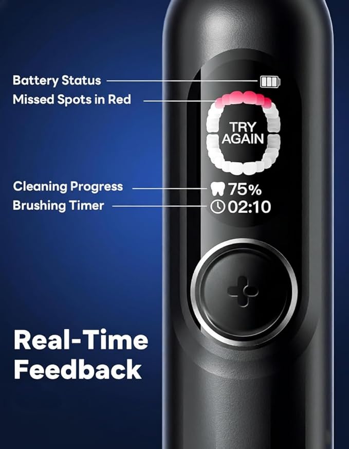 SAKYPRORAL AI Electric Toothbrush with Smart Display for Adults Kids | 150-Day Rechargeable Toothbrush, Real-Time Map |3-Min Timer, Travel Case | Teens Sonic Toothbrush Gift (G5S Black)
