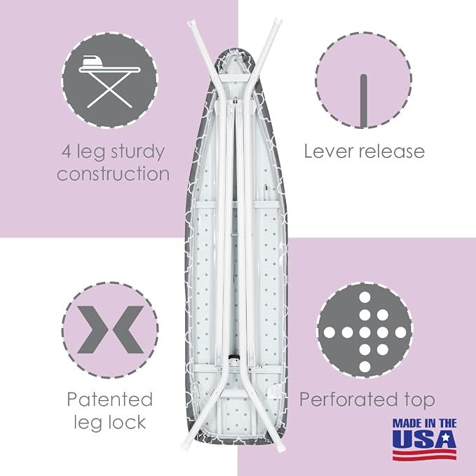 Full Size Ironing Board Made in USA – Gray Lattice by Seymour Home Products 4 Heavy-Duty Steel Legs Perforated Top for Steam Includes Cover & Pad Sturdy, Foldable Iron Board for Home & Laundry