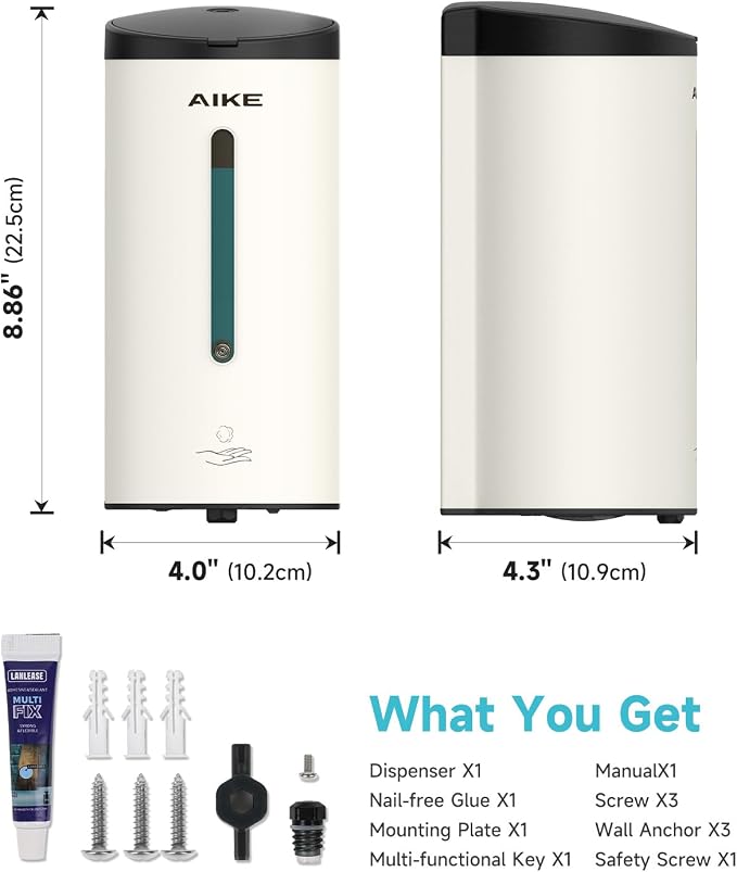 AIKE Automatic Foaming Soap Dispenser 25oz for Bathroom,Mattewhite AK1205FA | Rich Foam and Stainless Steel,No-drill and Screw Wall Mount,5-Level Adjustable and Key for Commercial(Batteries Not Included)