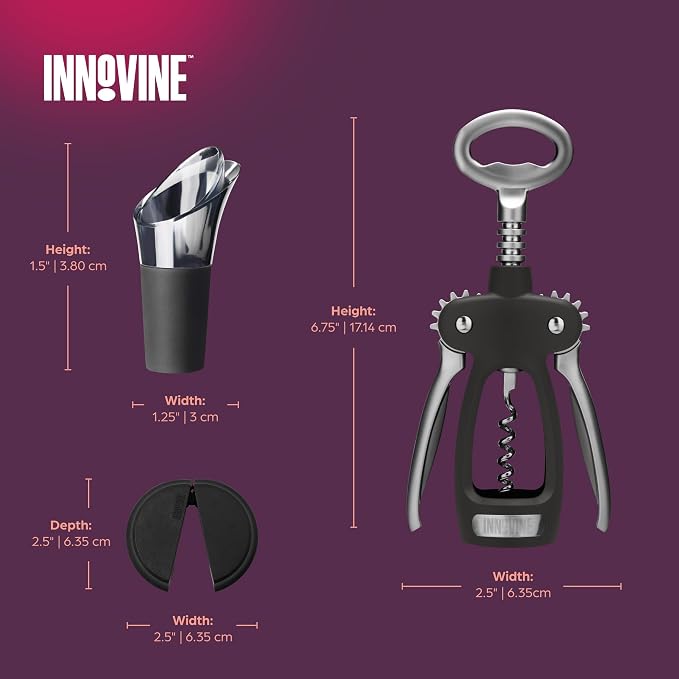 Innovine Pro Winged Corkscrew 3-Piece Wine Gift Set – Winged Corkscrew, 6-Blade Foil Cutter & Drip Stop Pour Spout – Easy Cork Removal, Foil Cutting, Drip-Free Pouring – Ideal for Home Bar & Gifting