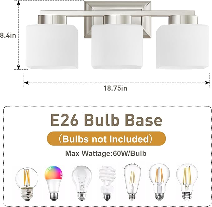 EJIAXIN 3-Light Bathroom Light Fixtures - Brushed Nickel Bathroom Vanity Lights with Glass Shade Modern Bathroom Lighting Fixtures Over Mirror - Wall Sconce Lamps for Bedroom,Living Room,Hallway