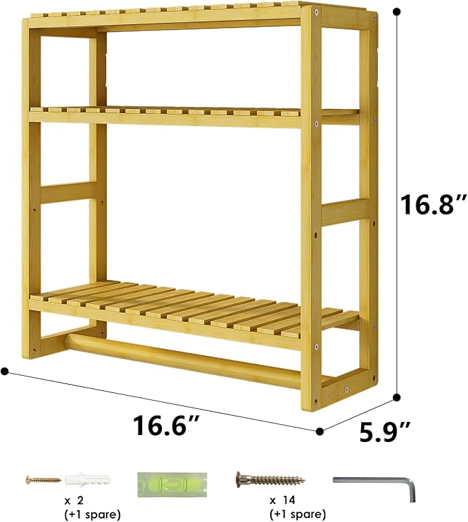 Galood Over The Toilet Storage Bathroom Shelves Wall Mounted 3 Tier Space Saver Corner Shelf Organizer Bamboo Towel Rack Toilet Paper Cabinet with Hanging Rod Yellow