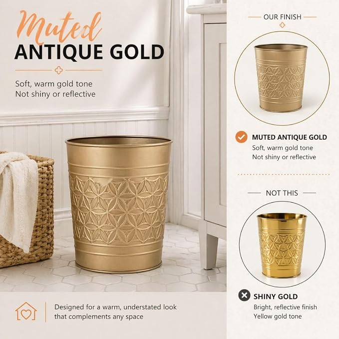Autumn Alley Farmhouse Antique Gold Bathroom Accessories Set – Includes Gold Bathroom Trash Can & Toilet Brush with Holder, Handcrafted Modern Waste Bin & Standing Toilet Brush, Embossed Metal Décor