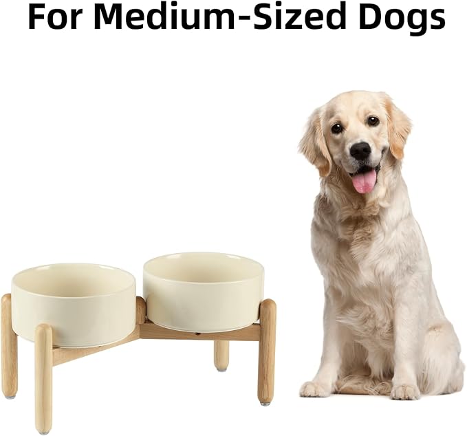 Havniva Elevated Dog Bowls Ceramic Dog Bowls with Stand, Dog Food Bowl | 7.3” Raised Dog Bowls with Non-Slip Wood Stand, Dog Food and Water Bowl Set, Double Dog Feeding Bowls for Medium Dogs