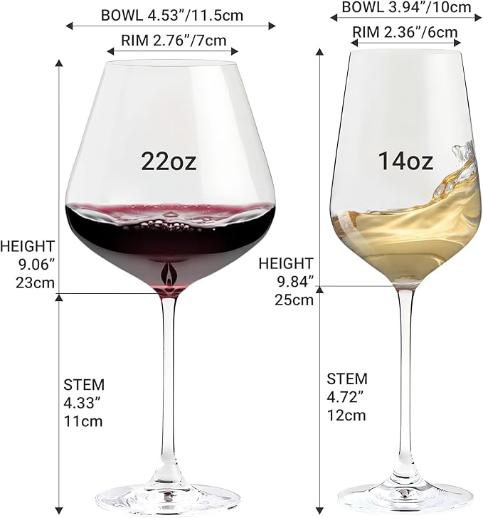 Physkoa Wine Glass Set of 4 – 2 Red (22oz) & 2 White (14oz) Hand-Blown Crystal Glasses, Perfect Gifts for Birthday, Wedding & Housewarming Mother's Day