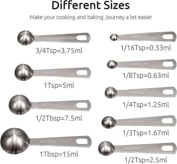 U-Taste 18/8 Stainless Steel Measuring Spoons Set of 9 and Measuring Cup Set of 7 for Dry and Liquid Ingredient with Engraved Measurement