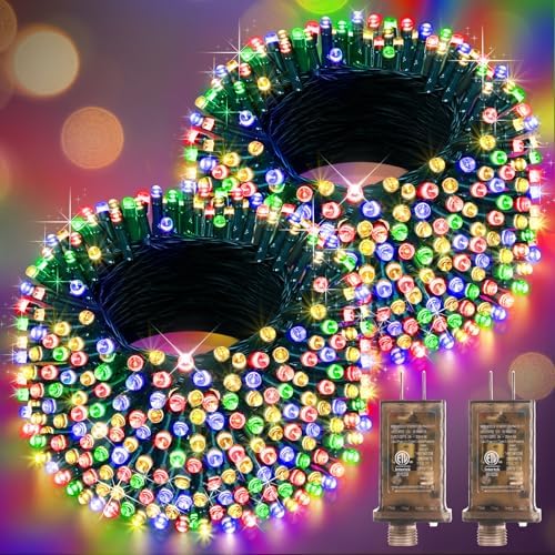 Hezbjiti 2 Pack 1000 LED 403 FT Christmas String Lights Outdoor, 8 Lighting Modes IP44 Waterproof Fairy Lights with Timer and Dimmable Function for Party Tree Decorations (Multicolor, Green Wire)
