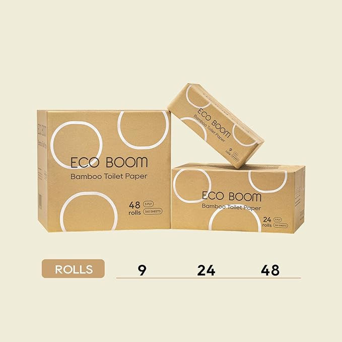 ECO BOOM Unbleached Bamboo Toilet Paper, 48 Mega Rolls, 100% Tree-Free 3-Ply, Plastic-Free Packaging, 360 Sheets | PFAS Free, BPA Free, Septic Safe & FSC Certified