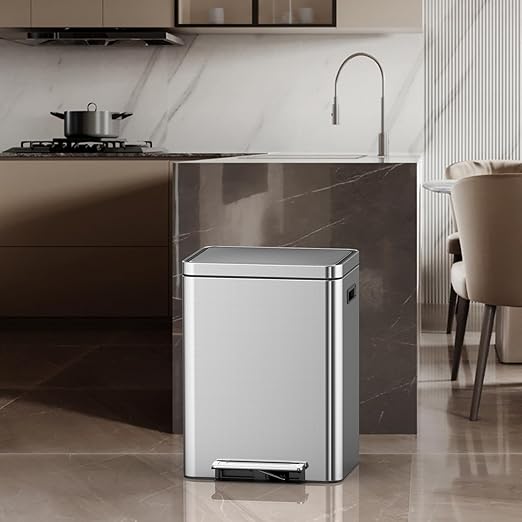 Takywep 2x9.5 Gallon Stainless Steel Trash Can with Soft-Close Lid & Foot Pedal, Rectangular Recycling Bin with 2 Removable Buckets for Kitchen, Office, Home Waste Separation