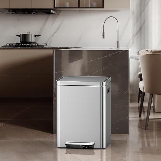Takywep 2x8 Gallon Stainless Steel Trash Can with Soft-Close Lid & Foot Pedal, Rectangular Recycling Bin with 2 Removable Buckets for Kitchen, Office, Home Waste Separation