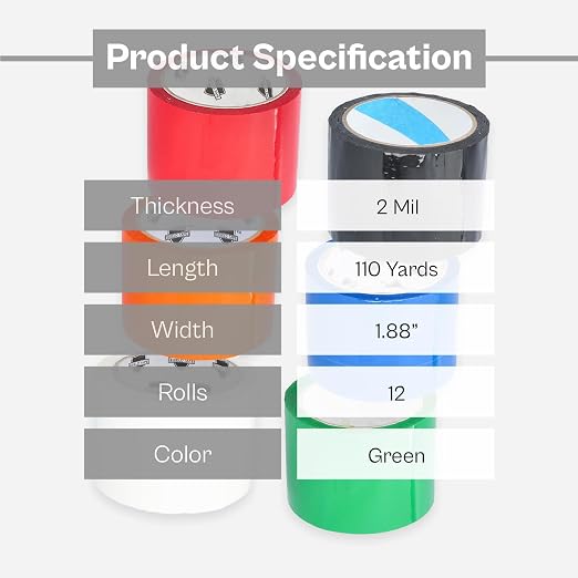 PSBM Green Packing Tape, 12 Rolls, 2 Mil Thick, 1.88 Inch Wide, 110 Yards Per Roll, Total 1320 Yards, Colored Tape for Sealing Cartons, Packaging, Shipping & Moving