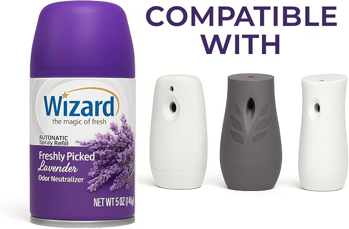 Wizard Automatic Spray Refill – Freshly Picked Lavender, 5 oz (12 Pack) | Compatible with Air Wick Freshmatic & Glade Dispensers | Long Lasting Odor Neutralizer for Home & Office