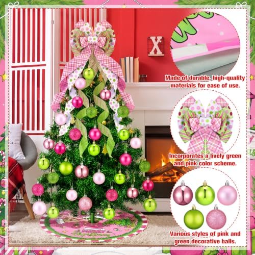 Gejoy 32 Pcs Pink and Lime Green Christmas Tree Decoration Set