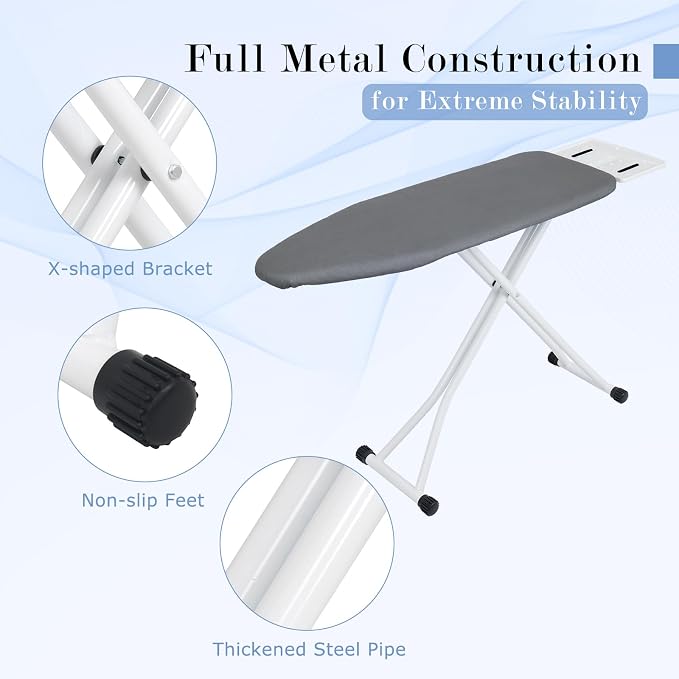 Ironing Board 48" x 13" with Iron Rest, 7-Level Height Adjustable, Heavy Duty Steel Legs, Foldable Space Saving Laundry Iron Table with Heat Resistant Removable Cover, Grey