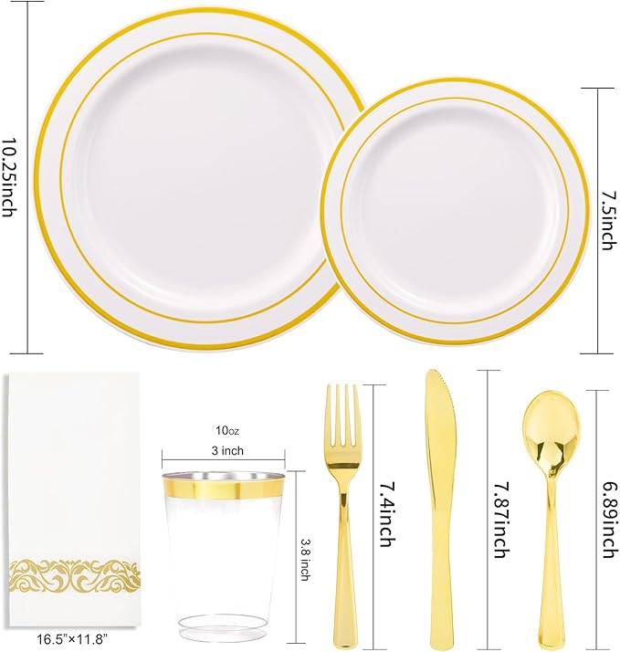 350 Pieces White and Gold Plastic Plates - 50 Guest Dinnerware Set Include 100 Plates, 50 Gold Plastic Silverware, 50 Paper Napkins and 50 Cups for Wedding/Baby Shower/Spring/Birthday/Thanksgiving