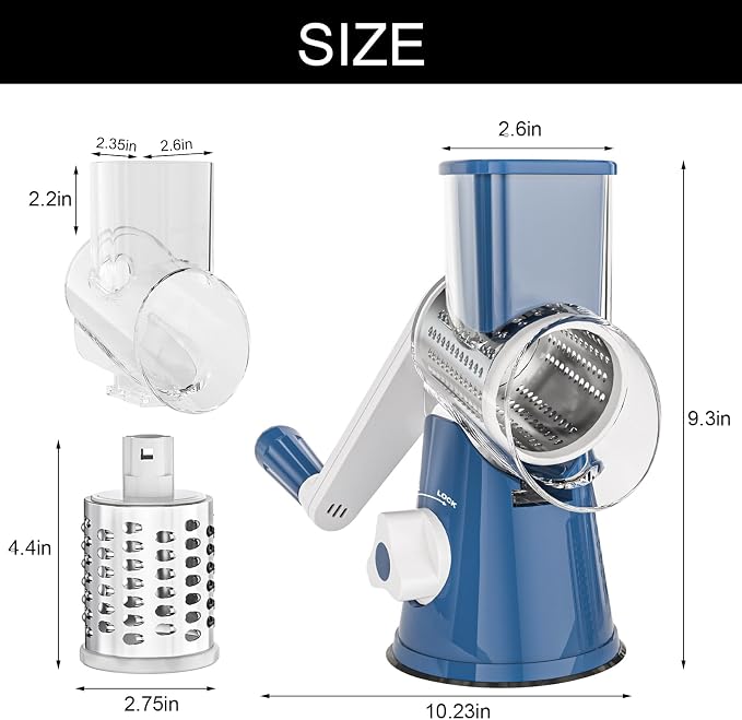 Cambom Rotary Cheese Grater Hand Crank Cheese Shredder for Fresh Cheese, Vegetable, Nuts,Non-slip Suction Base, Five Blades, Dark Blue