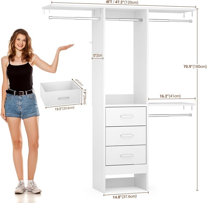 Besiost 4FT Small Closet System with 3 Fabric Drawers, 48'' Closet Organizer System With 3 Adjustable Shelves, Flexible Built-In Clothes Garment Rack for Small Space, 48" L x 13" W x 71" H, White
