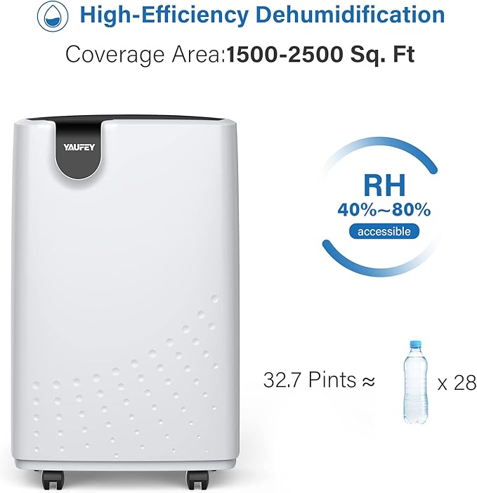 Yaufey 2500 Sq. Ft. Dehumidifier for Home and Basements with Auto or Manual Drainage, 0.48 Gallon Water Tank, Low Noise and 24H Timer