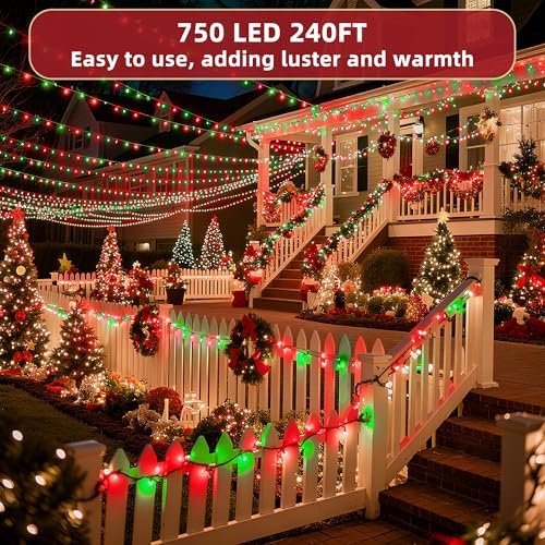240ft Outdoor Christmas Lights, 750 LED Super Long String Lights 12 Modes & Timer Memory, Dimmable Outsite Waterproof Light Strings for Xmas Tree Garden Wedding Party Holiday Decorations Red & Green