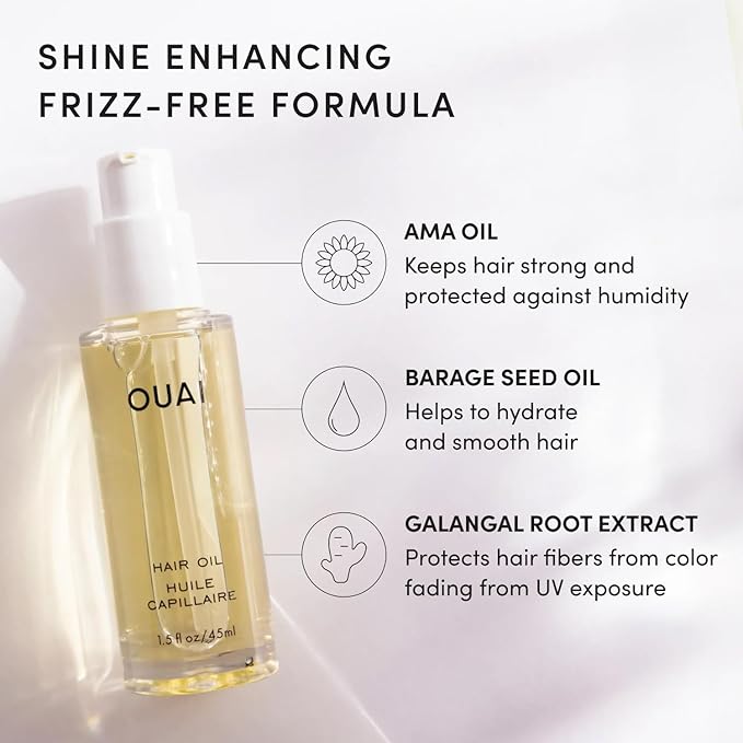 OUAI Hair Oil Full Size & Travel Size - Heat Protectant Serum & Smoothing Treatment + Ama, Galanga Root, Baobab & Borage Oils - Frizz Control, Shine Boost, 450°F Heat Shield, 1.5 oz + 0.45 oz, 2 Count