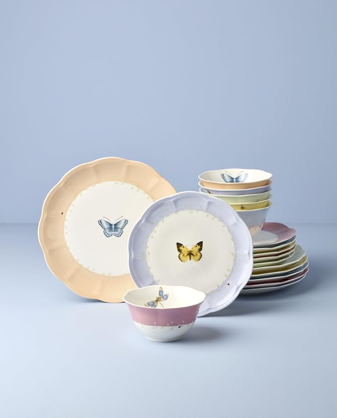 Lenox Butterfly Meadow Colors Porcelain 18-Piece Dinnerware Set for 6 | ceramic, dishwasher safe, microwave safe | plates and bowls sets for kitchen and dining | 10.75 inch plate