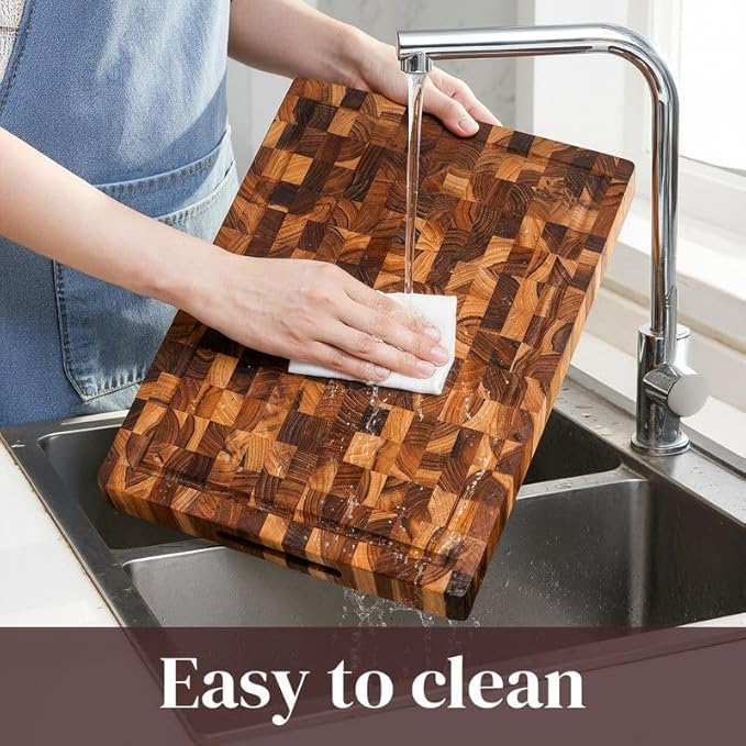 Teak Wood End Grain Cutting Board 16 x 11 Inch, Extra Thick 1.5 Inch Butcher Block for Meat & Kitchen Prep, Solid Non-toxic Wood Cutting Board with Juice Groove by New M Way